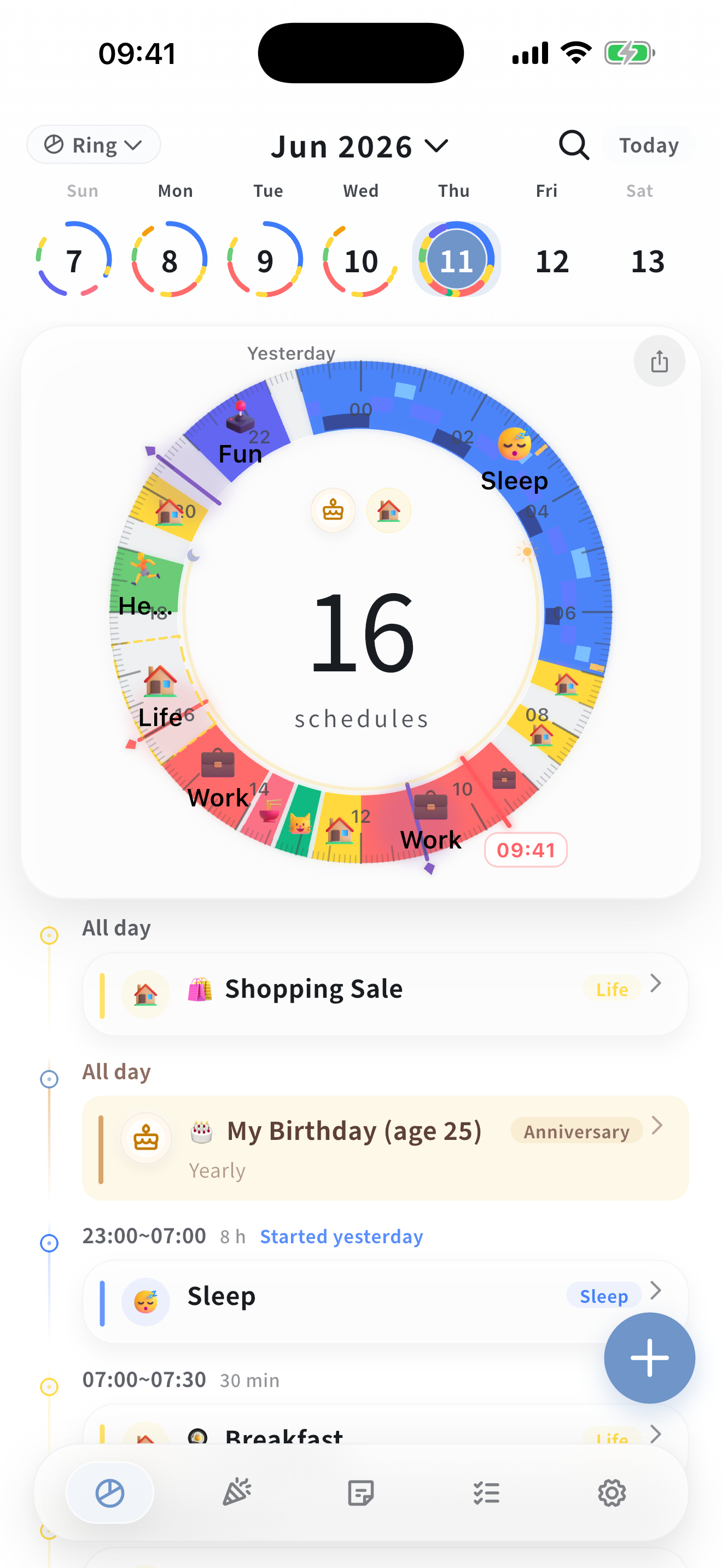 时光环 App 主页：24 小时圆环 + 当日日程时间轴
